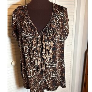 Worthington Woman Stretch Leopard Print Ruffle V-Neck Blouse Brown Black 1X